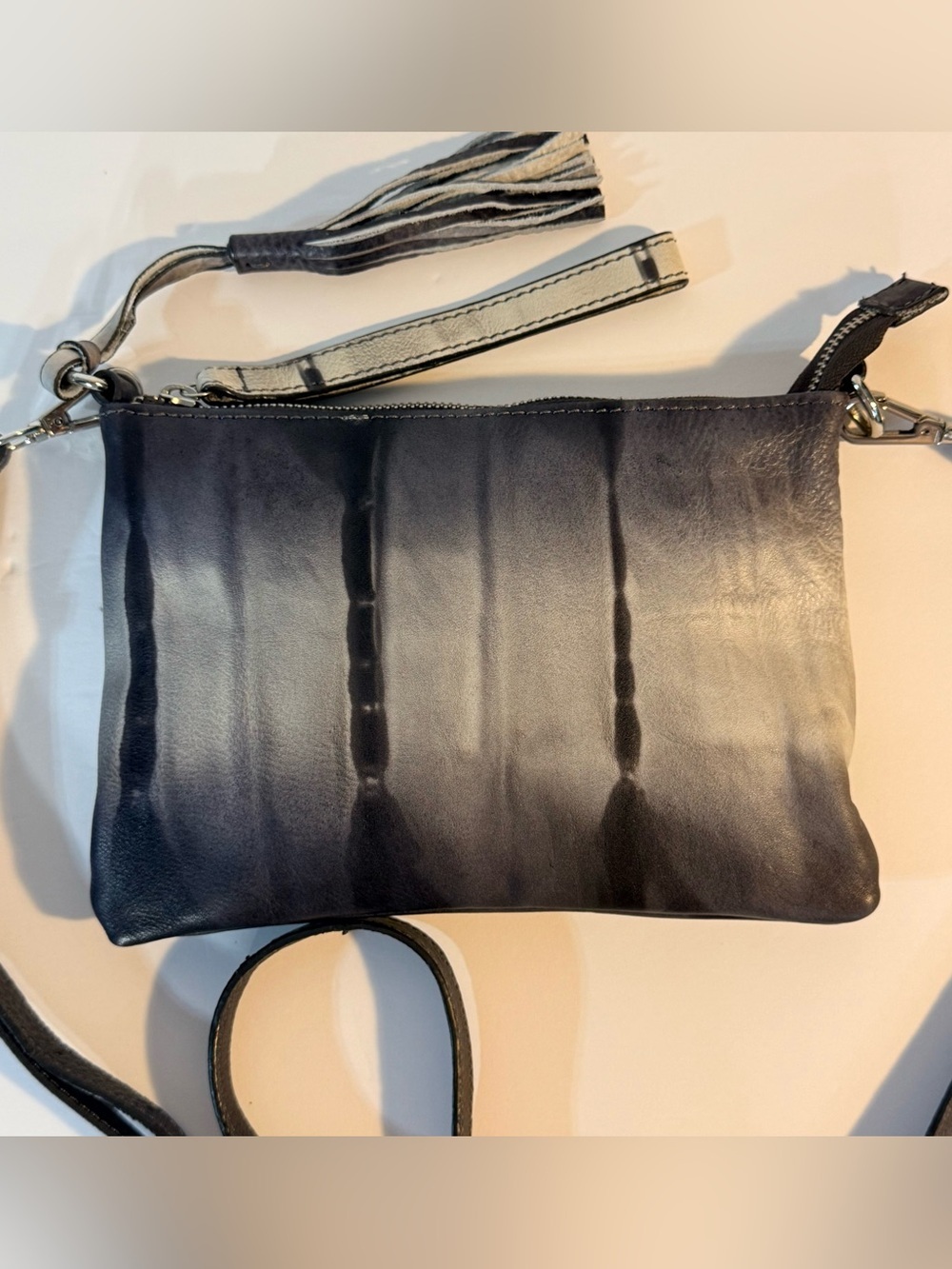 J. Jill Genuine Leather Navy White Ombre Crossbody Bag Tassel Purse